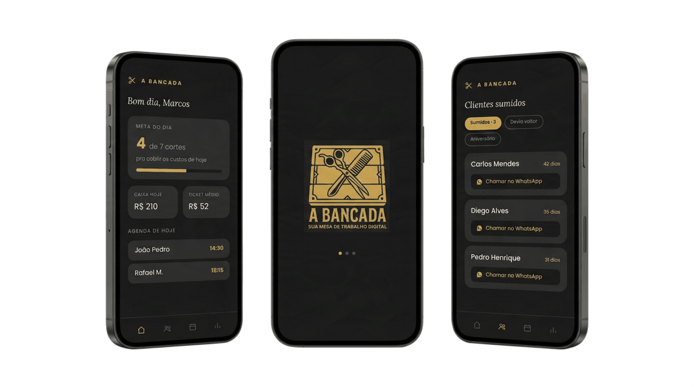 Três telas do app A Bancada
